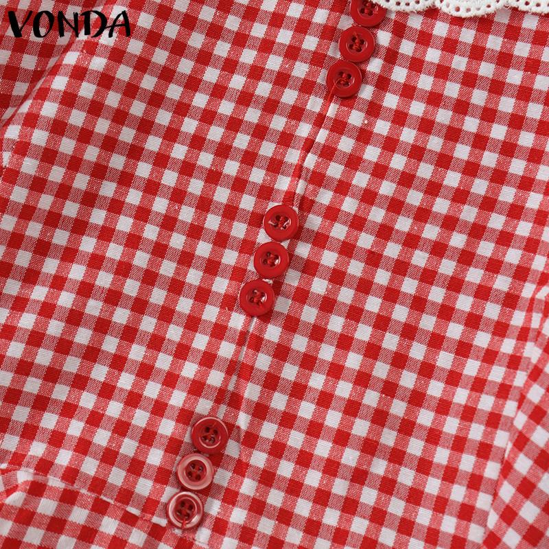VONDA Женские летние кружевные блузки с квадратным вырезом в клетку с коротким рукавом и пузырьками
