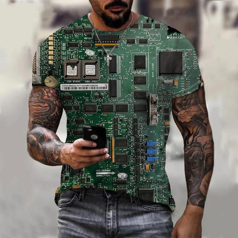 2024 Newest Circuit Board Pattern 3D Print Summer Men's T-shirt Creative Casual Electronic Chip Short Sleeve Harajuku Street Top