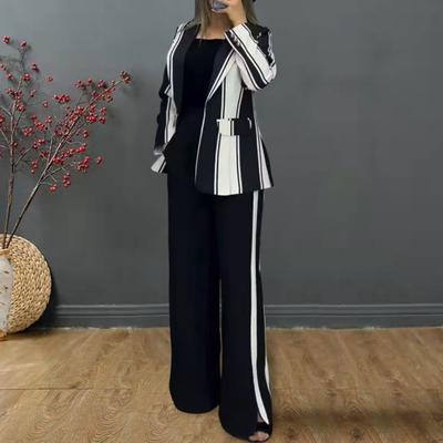 2 шт./комплект женский формальный пиджак брюки комплект длинный рукав цветной блок полосатый лацкан кардиган