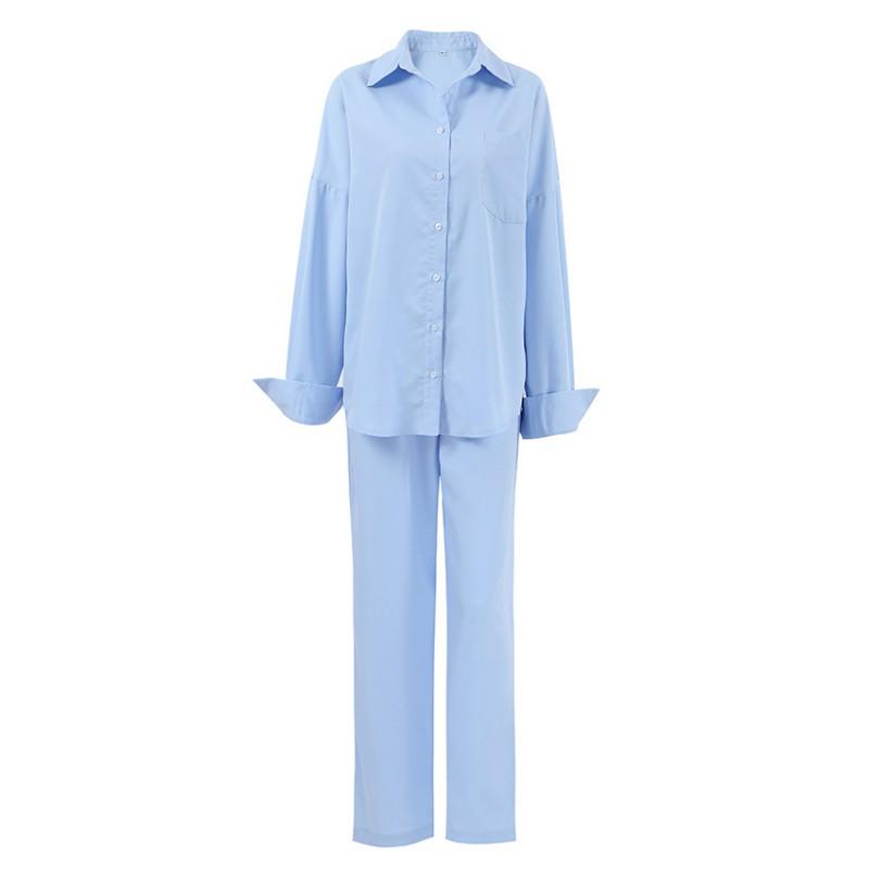 Womens Loose Long Sleeve Shirt Wide Leg Pants Set Solid Color Casual Office Outfit