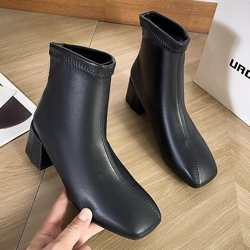 Fashion Casual Women's Thick Heel Medium Heel Boots Women's 2024 New Winter Square Toe Back Zipper Heightening Short Boots