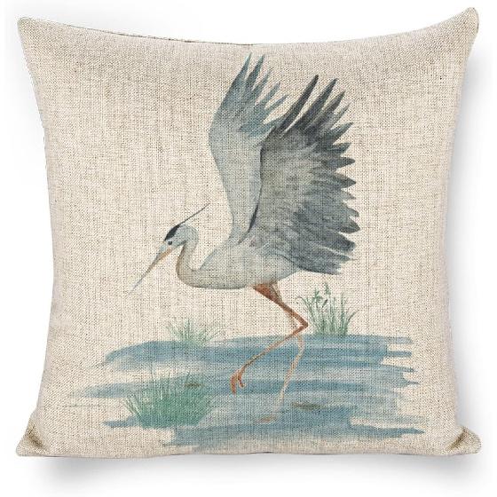 Linen Throw Pillow Covers Blue Egret on Coastal 18x18 Decorative Pillows for Bed Couch Cushion Sofa Outdoor