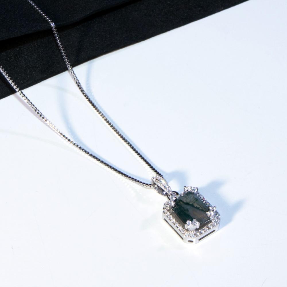 Легкое роскошное ожерелье из зеленого мохового агата S925 пробы, модная простая квадратная подвеска из водного агата на ключицу