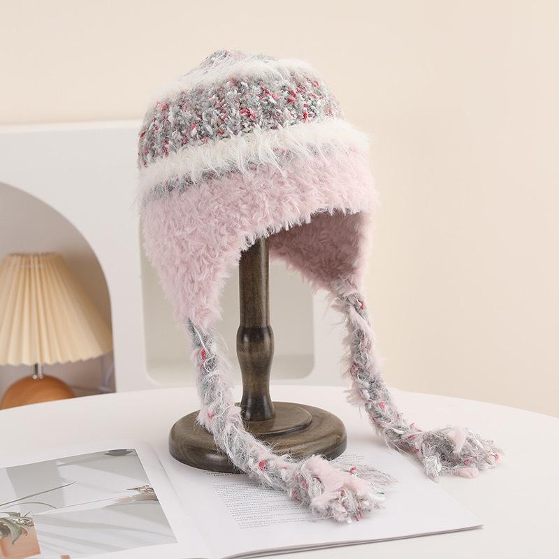 Полосатая вязаная шерстяная шапка с вставками для женщин на осень и зиму, утолщенная для тепла и защиты от холода, с защитой ушей, очки для шапки-ушанки