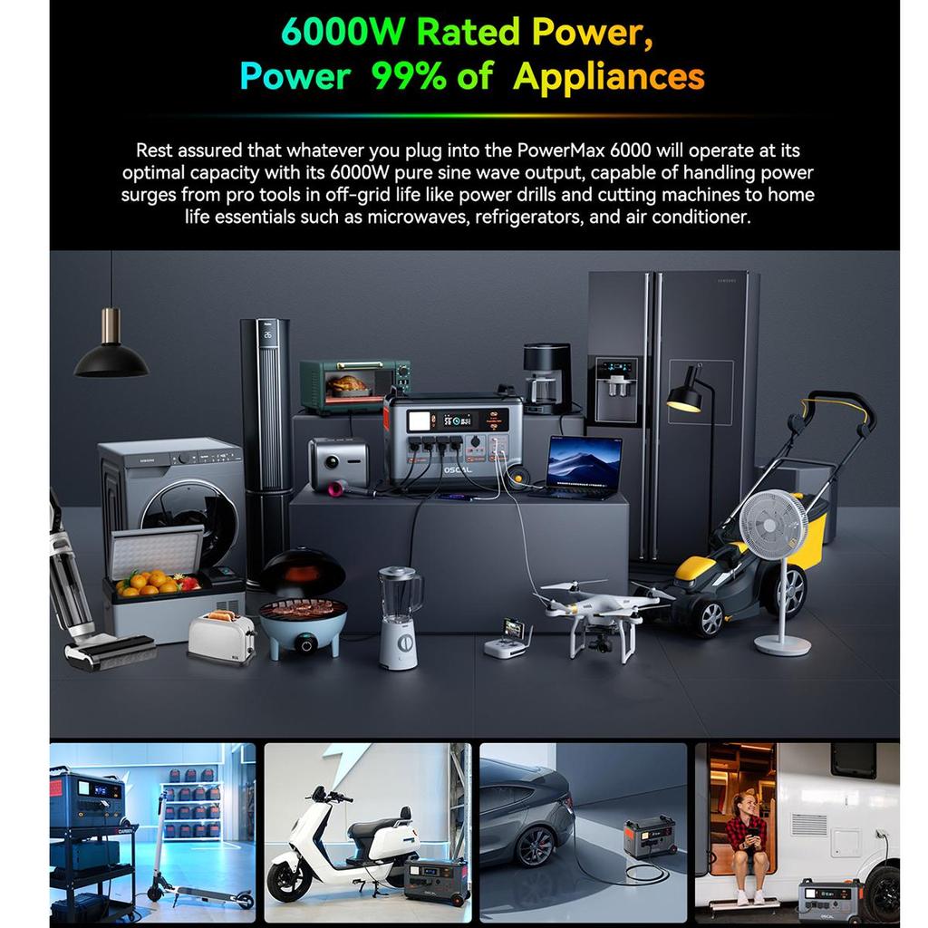 Oscal PowerMax 6000 Портативная электростанция 6000 Вт 3600 Втч LiFePO4 Расширяемый солнечный генератор с 4 розетками переменного тока