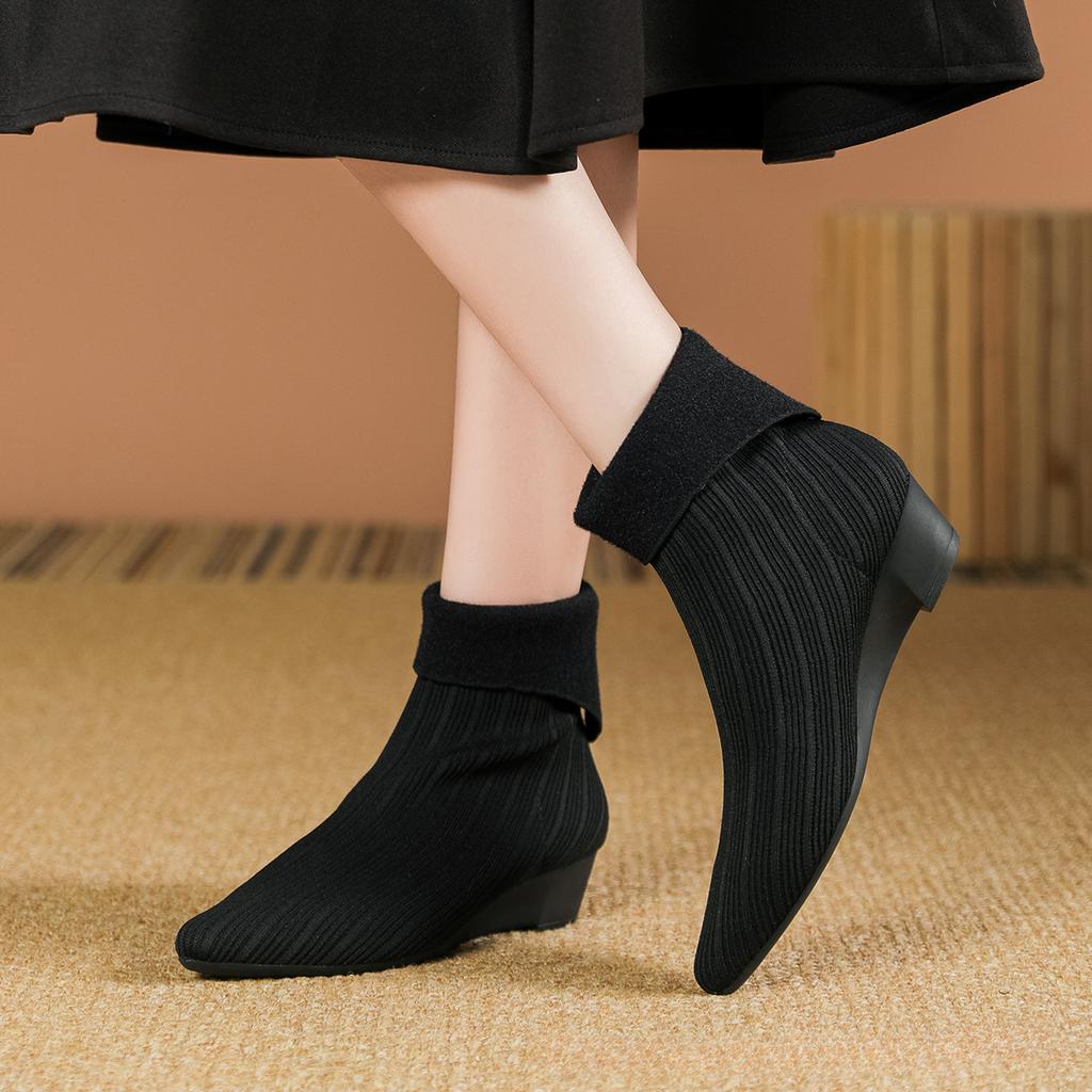 Женские эластичные трикотажные ботинки на танкетке с острым носком на низком каблуке Ботинки-челси с застежкой-молнией Короткие ботинки для ходьбы Зимние осенние ботильоны для женщин