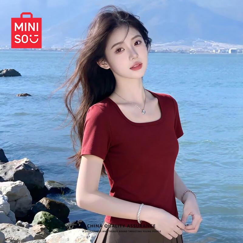 MINISO Women's Elegant U-Neck Slim Fit Short Sleeve T-Shirt