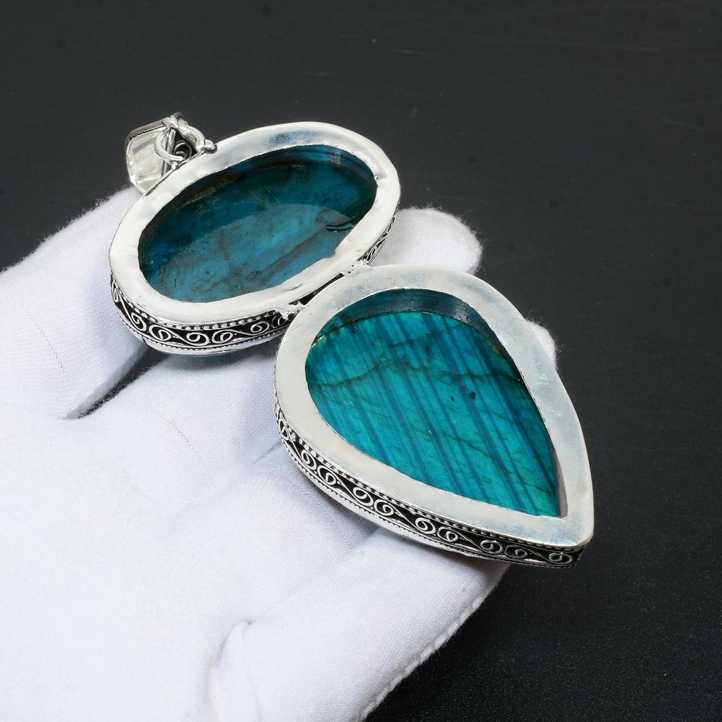 Синий цветной лабрадорит, драгоценный камень, кулон ручной работы из стерлингового серебра 925 пробы, антикварный двойной кулон с драгоценным камнем для подарков