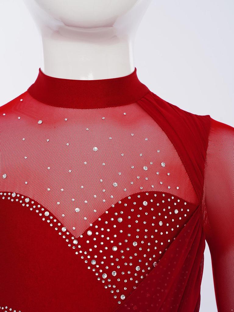 Платье для фигурного катания для девочек, сетчатые длинные рукава, воротник-стойка, вырез-капелька сзади, блестящие стразы, асимметричный подол, трико