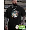Men's Anime Dragon & Warrior Graphic Cotton T-Shirt - Retro Streetwear Tee with Loose Fit, Short Sleeve Round Neck, Vibrant Dragon & Warrior Print,