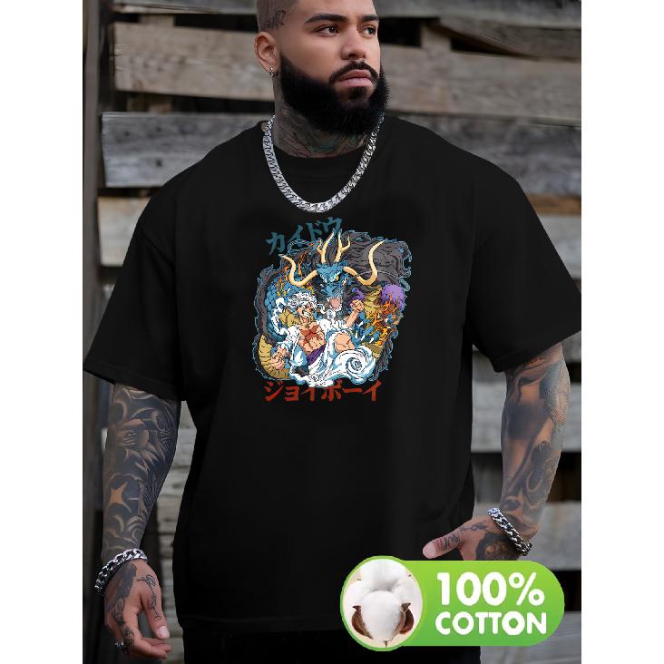 Men's Anime Dragon & Warrior Graphic Cotton T-Shirt - Retro Streetwear Tee with Loose Fit, Short Sleeve Round Neck, Vibrant Dragon & Warrior Print,