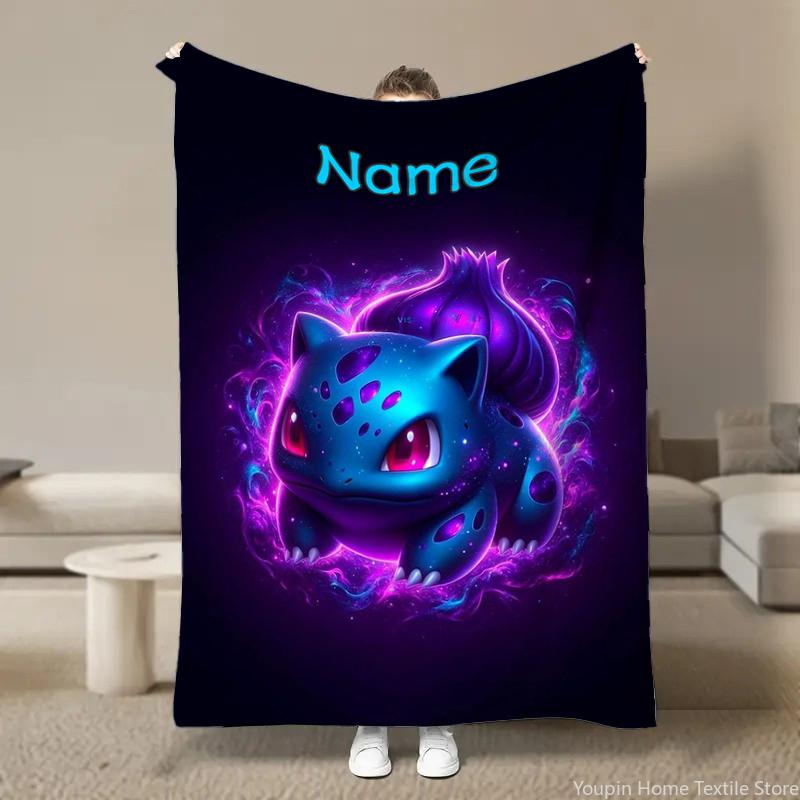 Custom Name Personalized Blanket Pokémon Bulbasaur Print Blanket Children Adult Blankets Soft Warm  Sofa Travel Blanket for Bed