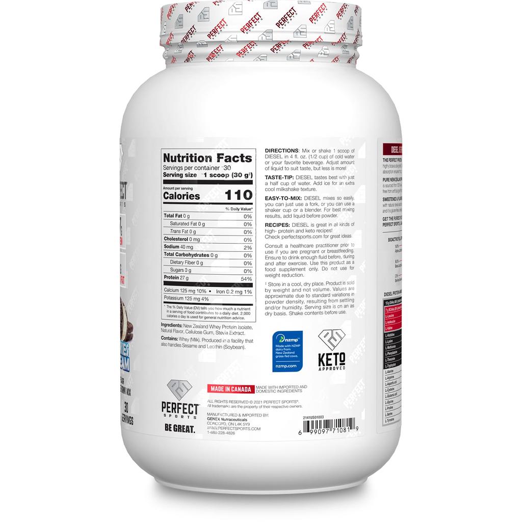PERFECT Sports, Diesel, New Zealand Whey Isolate, Cookies & Cream, 2 lbs (908 g)