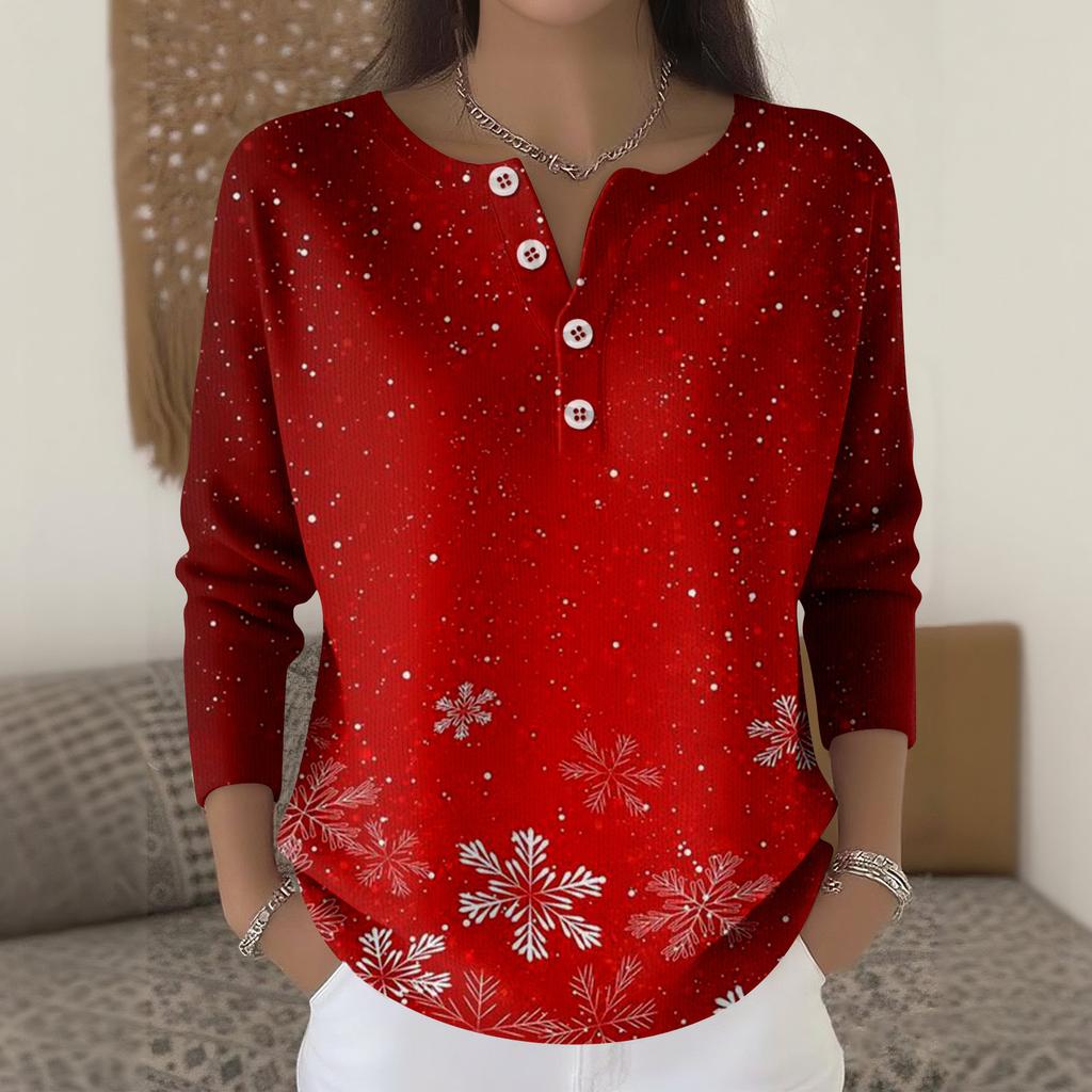 Женская мода Топ с длинным рукавом и рождественским принтом в виде снежинок Элегантный повседневный топ