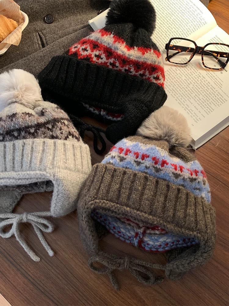 Женская вязаная шапка-бини с ушками в стиле Fair Isle - Теплая толстая шапка для осени и зимы