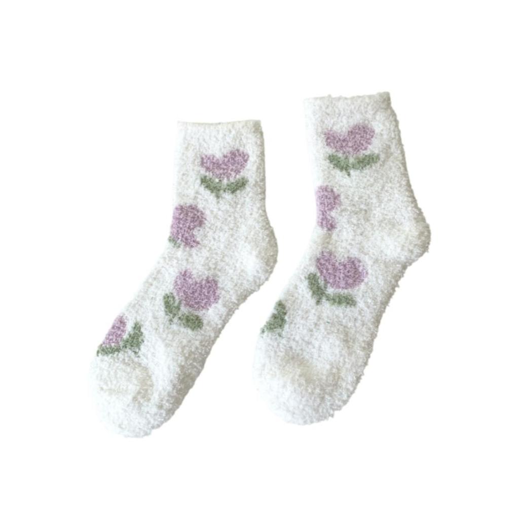 1 пара носков до середины икры из кораллового флиса - Утепленные зимние теплые напольные носки с мультяшными рисунками для женщин