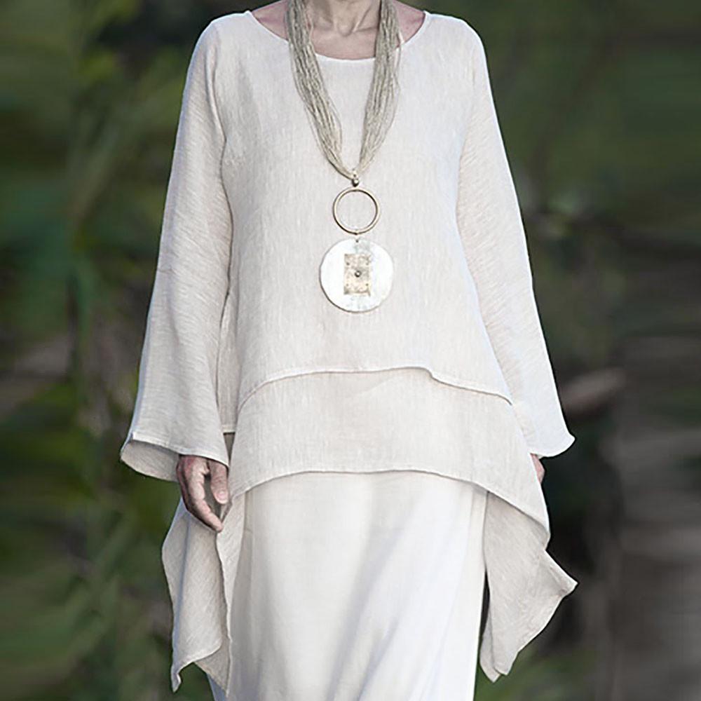 Women Fashion Plus Size Irregular Casual Linen Long Sleeve Neck Blouse