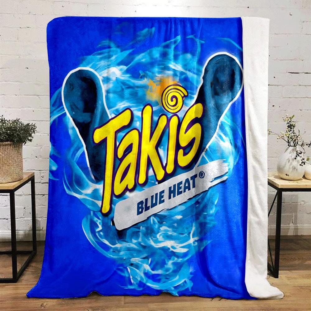 Bright blue flame pattern surrounding bold yellow "Takis" logo text. for all seasons blanket lunch break throw gift