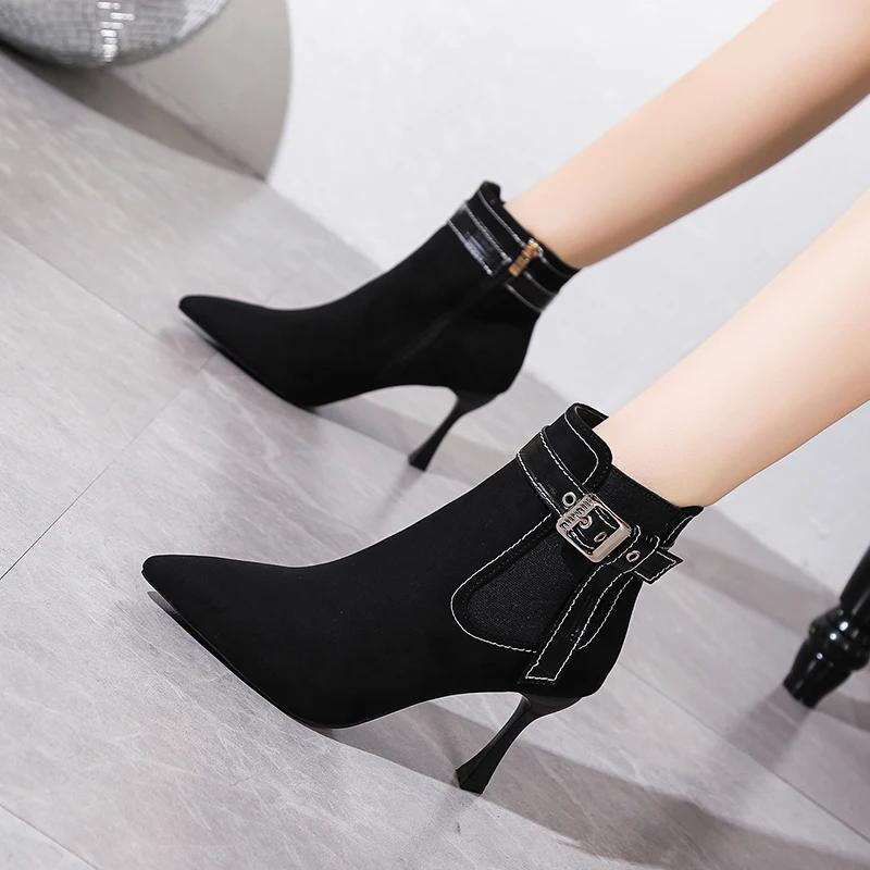 Fashion Women High Heels Fashion Boots Pointed Tip Side Zip Ankle Boots Stiletto Heels Design Shoes Woman 2024 Trend Spring and Autumn