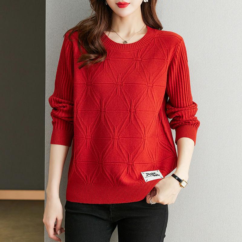 Осень-зима Женский свитер больших размеров Свободный короткий пуловер Трикотажный свитер Жаккардовый круглый вырез Стрейч Джемпер Трикотажный топ