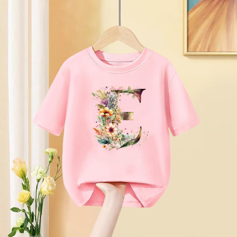 Девочки Футболка С Пользовательским Именем Комбинация Букв Принт Футболка Цветочный Буквенный Шрифт A B C D E F G Короткий Рукав Детские Розовые Топы