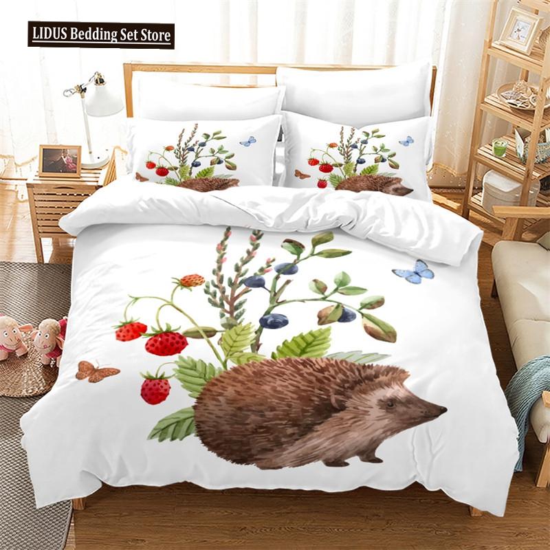 Hedgehog Bedding Set Cute Kawaii Wildlife Comforter Cover With Pillowcases For Kids Boys Girl Polyester Bedding Set King Size