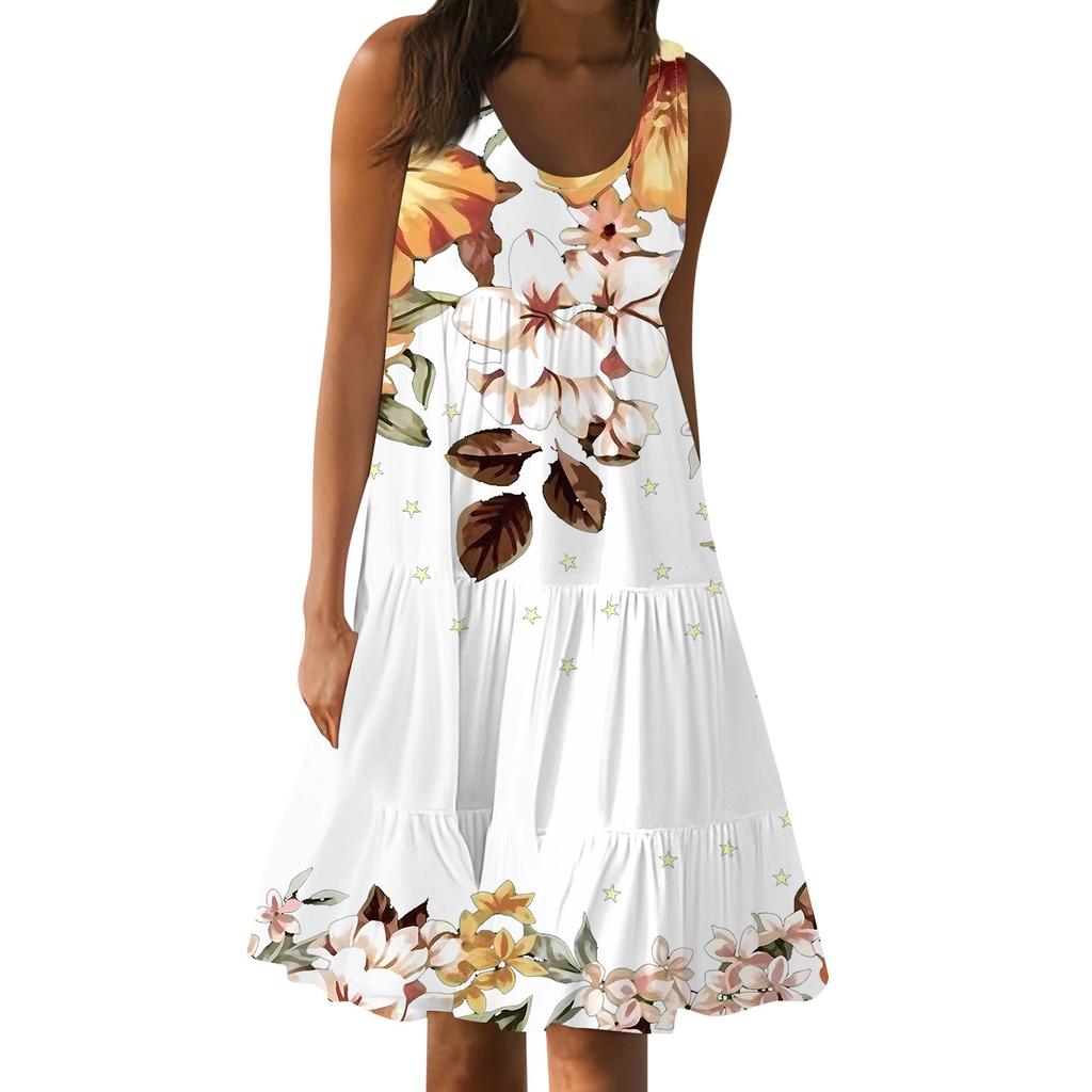 Гавайское платье для женщин, летние весенние плиссированные богемные платья, милые струящиеся пляжные платья без рукавов, прямые платья-майки, платья с круглым вырезом