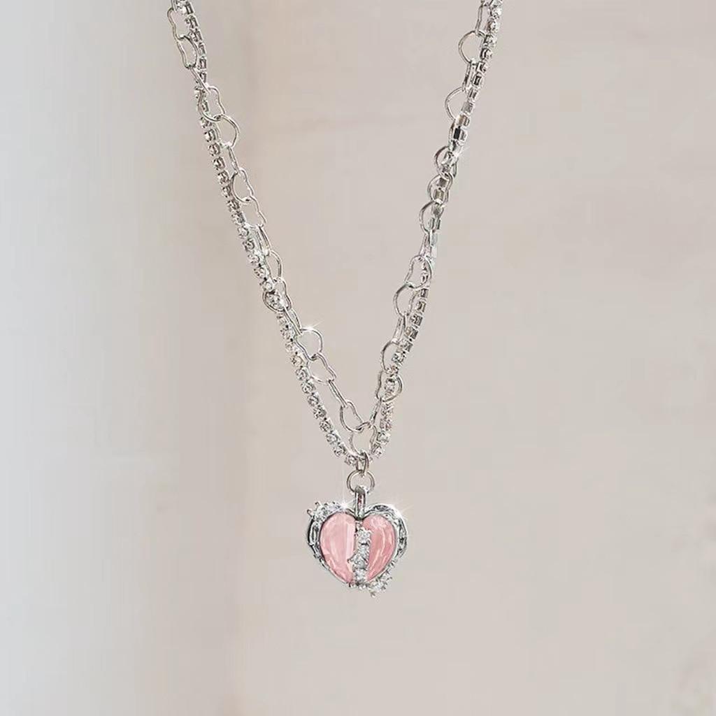 Ожерелье с подвеской в ​​виде розового сердца для женщин и влюбленных, цепочка на ключицу со стразами, женское милое колье с кристаллами и лунным камнем, ювелирные изделия, подарки