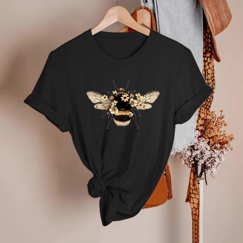 Женская мода, повседневная блузка с короткими рукавами и круглым вырезом с принтом в виде фестиваля медоносных пчел