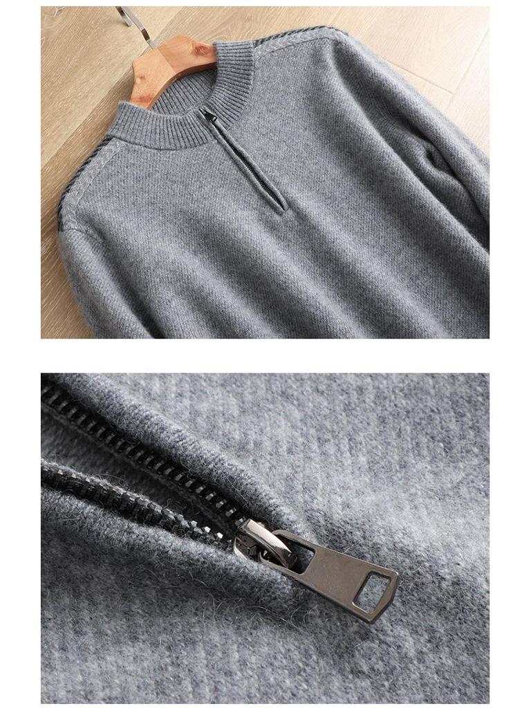 Men's Cashmere Half-Zip Pullover: Youthful Round Neck, Thick Wool Sweater, Plus Size, Casual Autumn/Winter Knitwear.