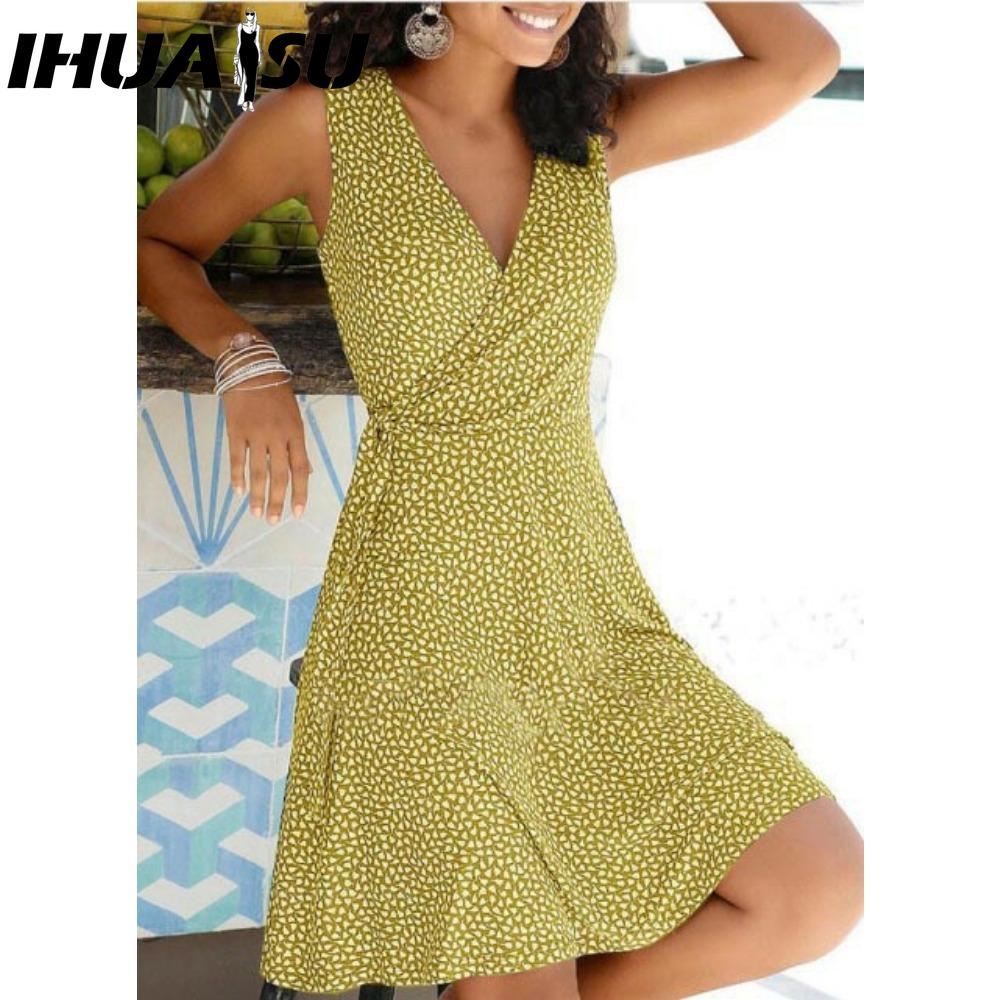 IHUASU Платье в горошек с принтом женское без рукавов бандажное пляжное платье летние богемные платья для женщин повседневные платья с V-образным вырезом женский халат