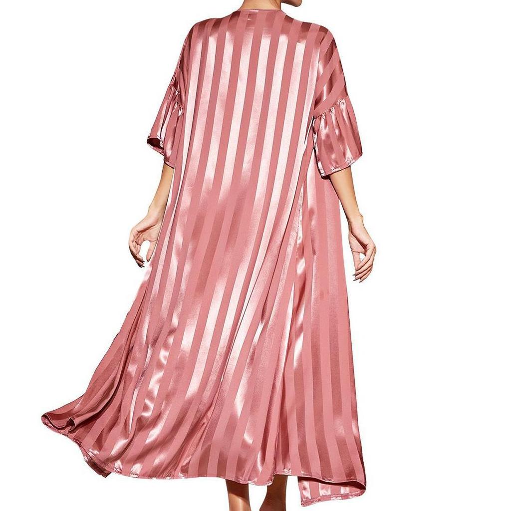 Women’s Nightgown Slip Night Dress 2 Pieces Set Satin Stripe Pajamas Dressing Gown Robe Sleepwear Home Wear Spring Autumn Sleep Lounge Clothes
