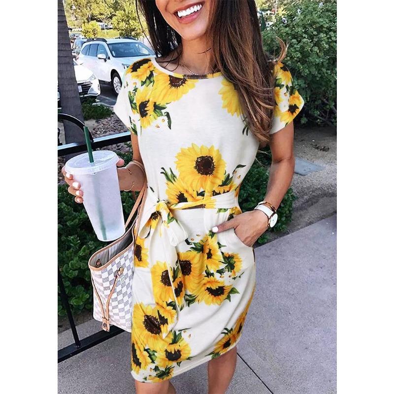 YYFS Women's Fashion Summer Spring Short Sleeve O-Neck High Waist Casual Dresses