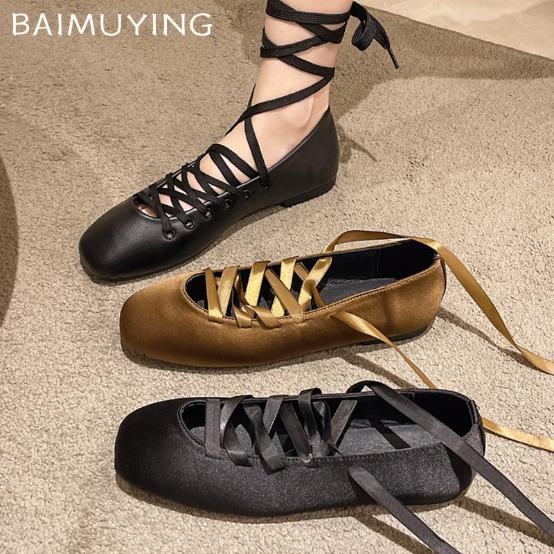 Square Toe Shallow Women Ballet Dance Shoes Elegant Lace Up Soft Winter Shoes 2025 Trend Designer Dress New Chaussures Ladies