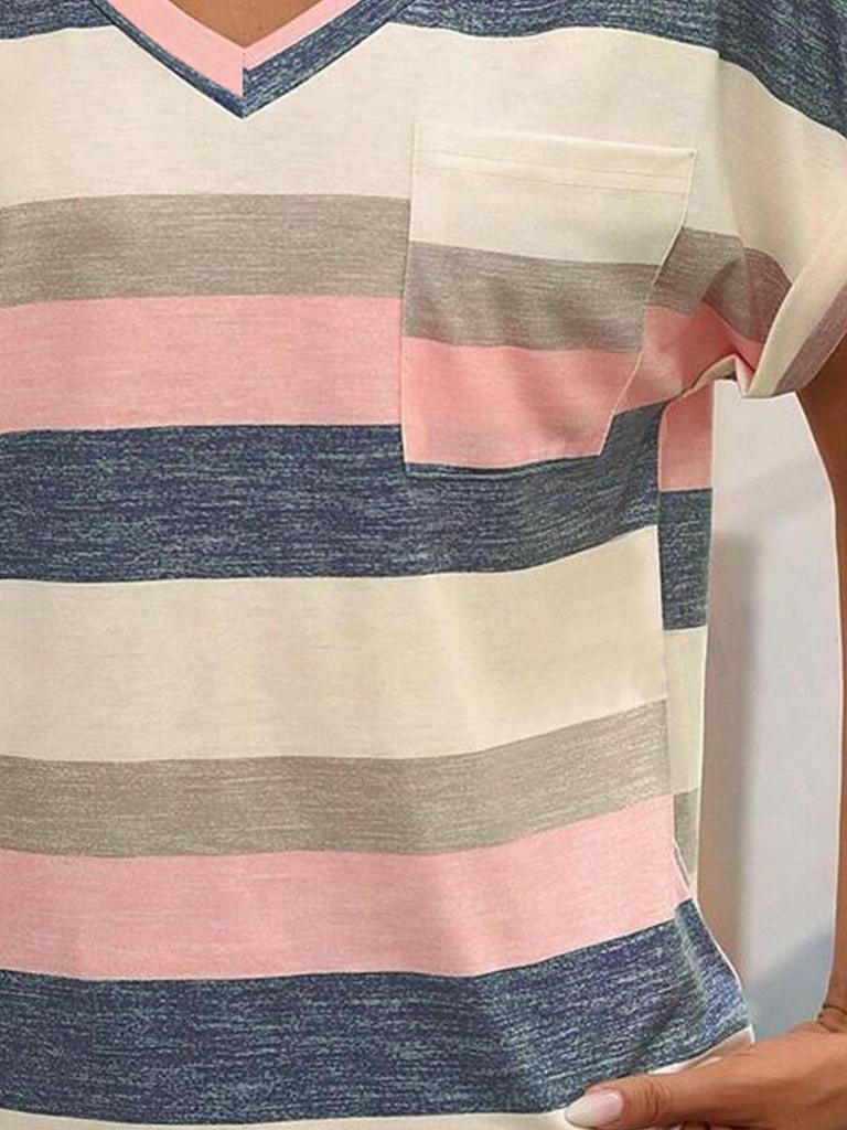 Striped V-neck Bat Sleeve T-Shirt for Women: Cross-border European & American New Spring/Summer Collection