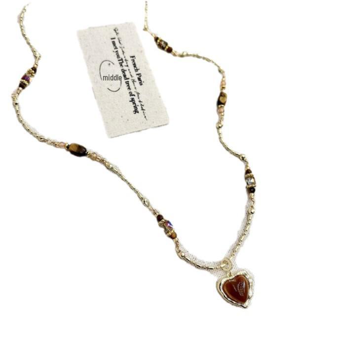 Ожерелье Maillard Brown Tiger Eye Heart - осенне-зимняя французская ретро-цепочка для свитера класса люкс