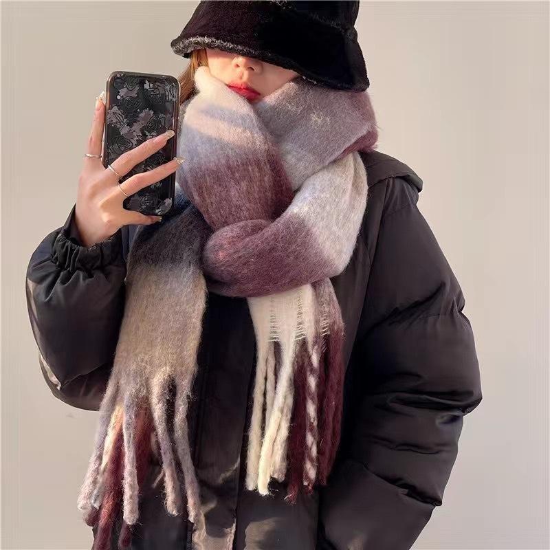 Радужный шарф женский клетчатый имитация кашемира с бахромой теплая шаль универсальный модный зимний новый утолщенный ветрозащитный шарф