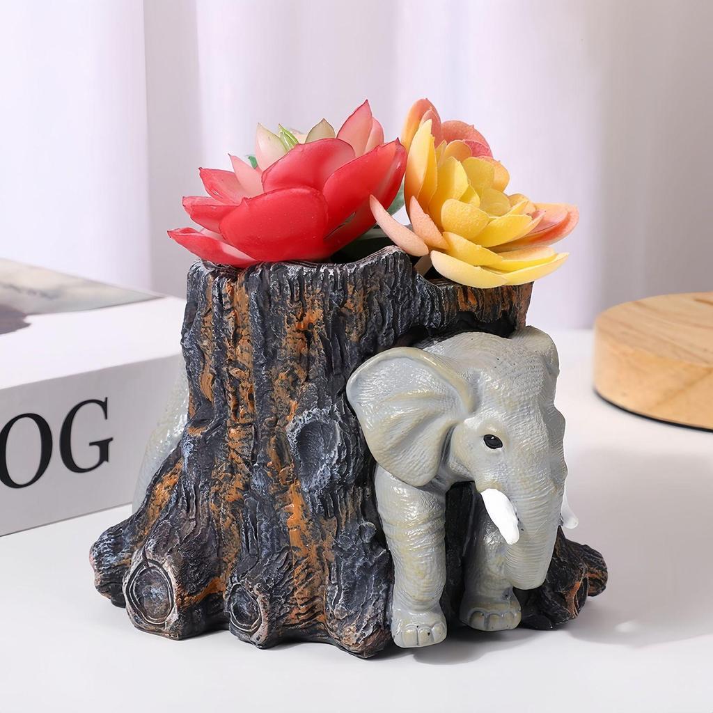 Creative Elephant and Bear Tree Stump Resin Flower Pot for Balcony