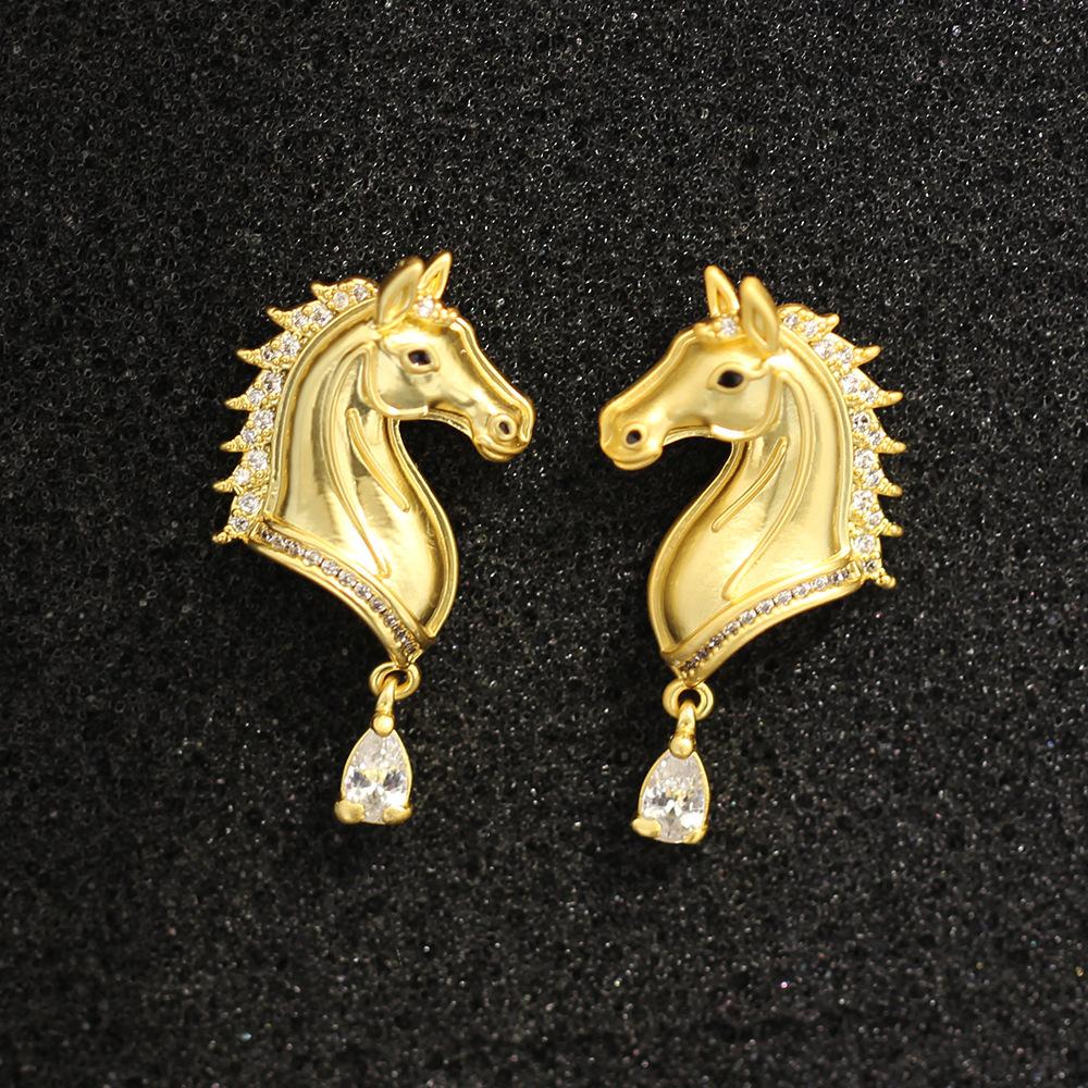 European and American niche high-end gold inlaid stone horsehead earrings personality high-end sense zodiac animal stud earrings silver needle earring