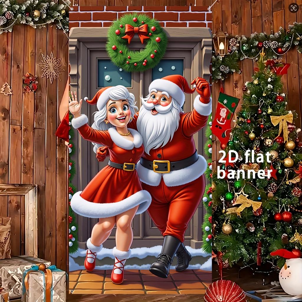 Christmas Door Banner Cover, Mr and Mrs Claus Design, 35.4 x 70.8 in Durable Polyester Holiday Decor for Porch Yard Garage Home Outdoor Indoor
