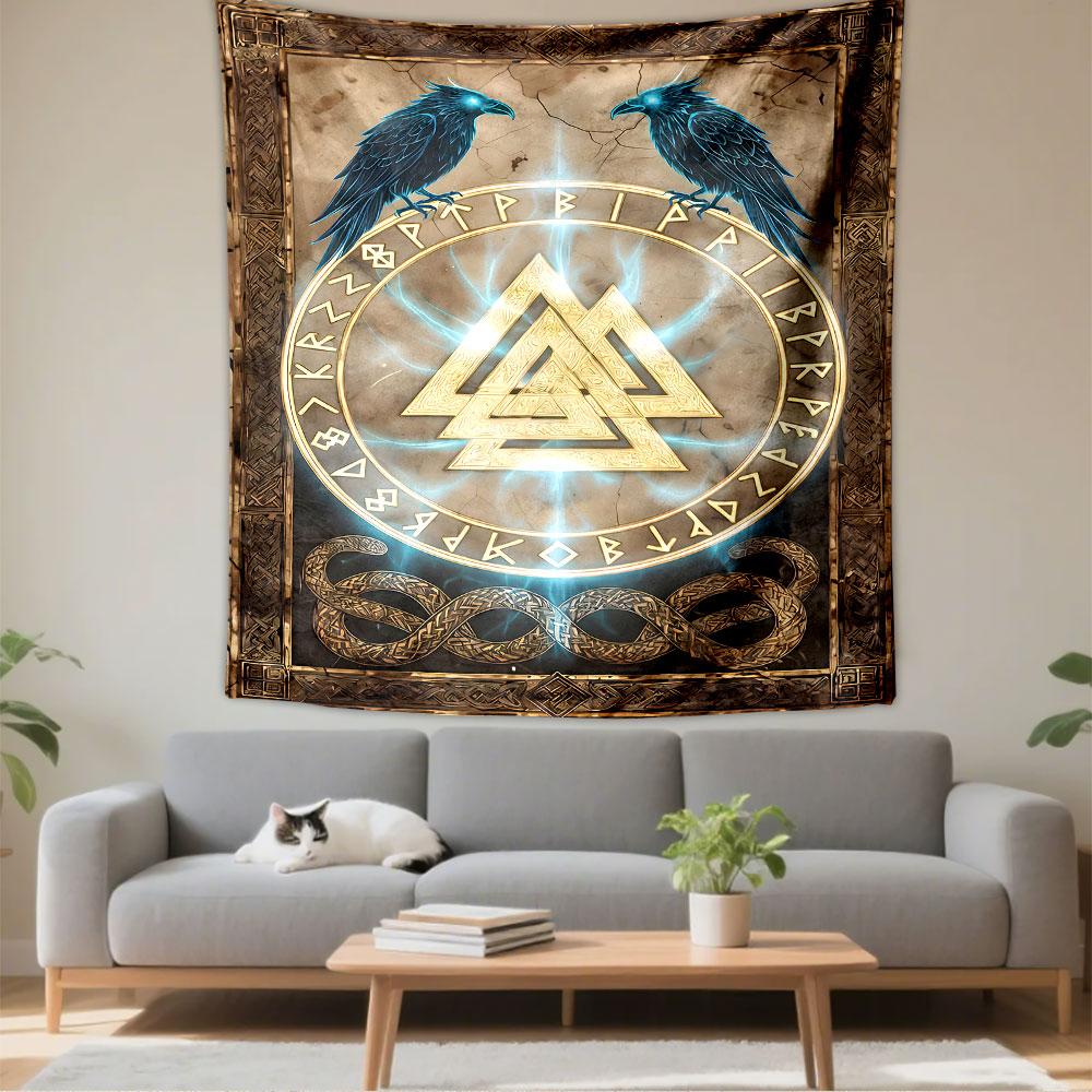 Odin Ravens Tapestry Wall Hanging, Norse Runes Double Raven Art, Viking Wall Decor for Bedroom Living Room Dorm