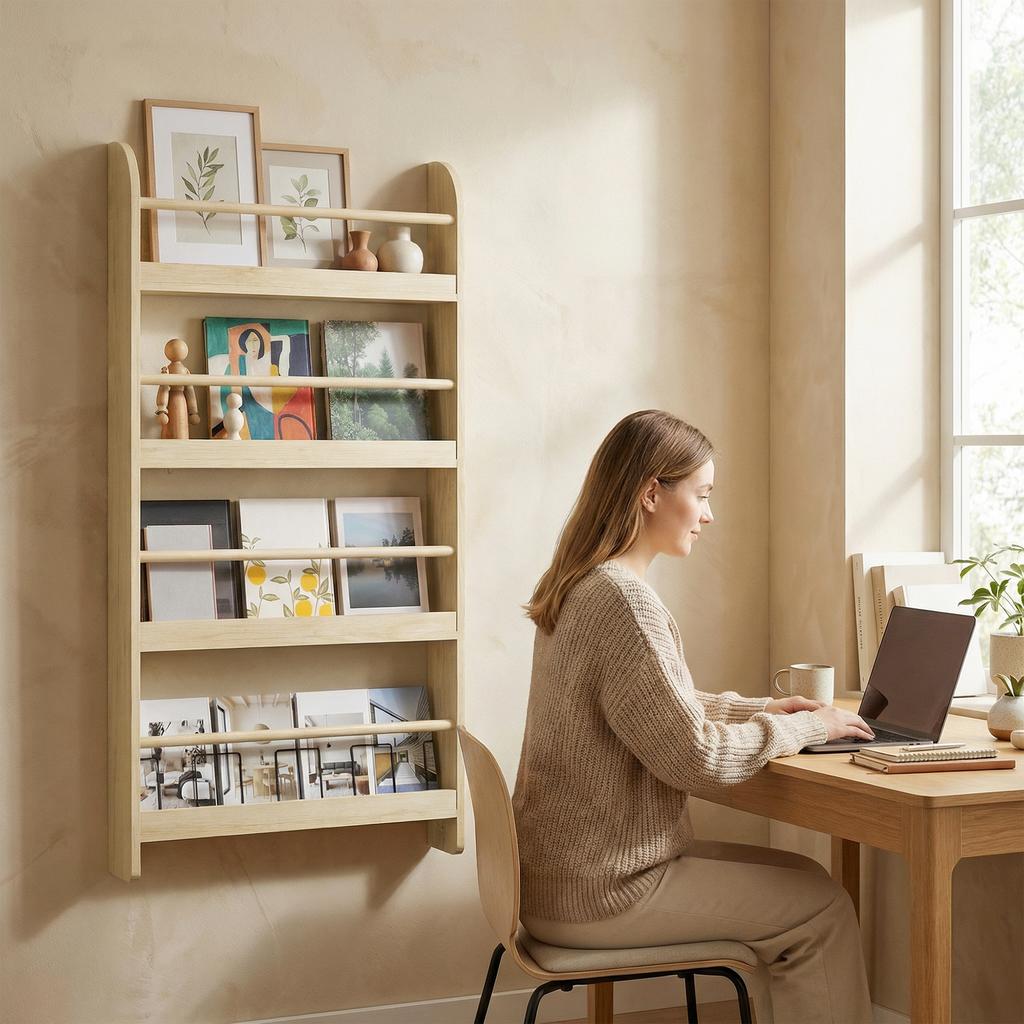 Wall Bookshelf With 4 Shelves Children s Bookcase For Home Office Load 30kg 59x12x113cm Natural