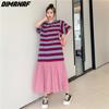 Dimanaf Women Plus Size New Summer Striped Dress Dress Patchwork Long T-shirt Dress Loose Fashion Pink Dresses