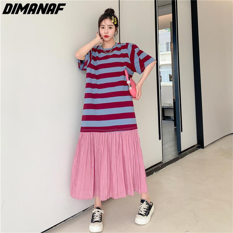 Dimanaf Women Plus Size New Summer Striped Dress Dress Patchwork Long T-shirt Dress Loose Fashion Pink Dresses