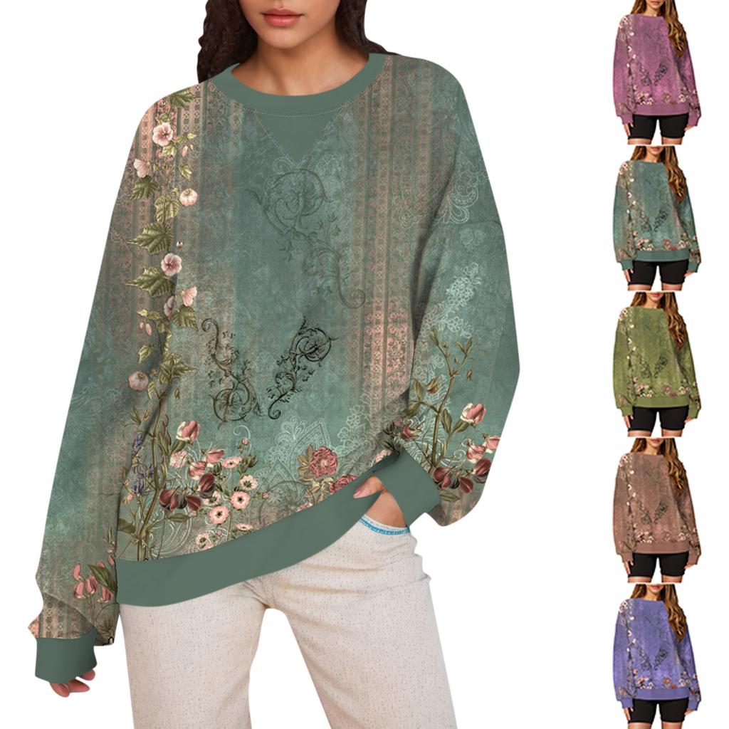 Women's Casual Printing Pullover Long Sleeve Shirt Oversized Sweatshirt
