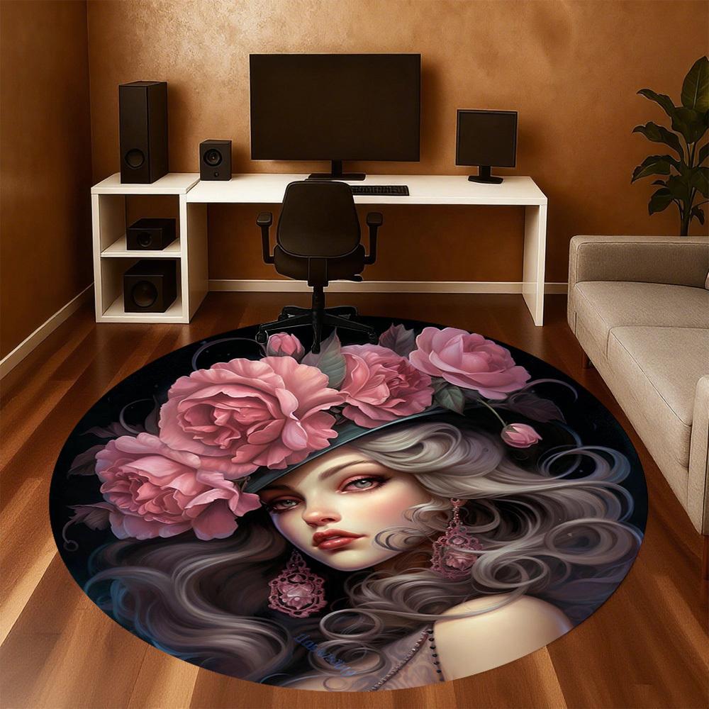1pc Floral Fantasy Round Chair mat office Area Rug - Non-Slip, Floor Mat for Office, Bedroom, Ideal home decor gift c0112137