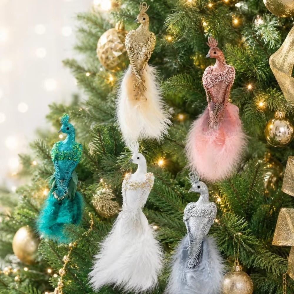 Long Tail Feather Bird Hanging Pendant Built-In Clip Xmas Glitter Peacock Decor Home Decor
