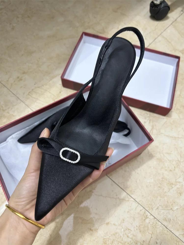 Весна новая атласная обувь на высоком каблуке женские шпильки бант темперамент острый носок лодочки летние босоножки с закрытой пяткой