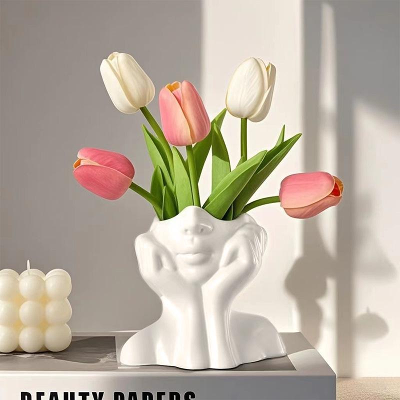 White Vinyl Face Vase Boho Minimalism Decorative Modern Nordic Flower Vases for Home Living Room Office Book Shelf Decor