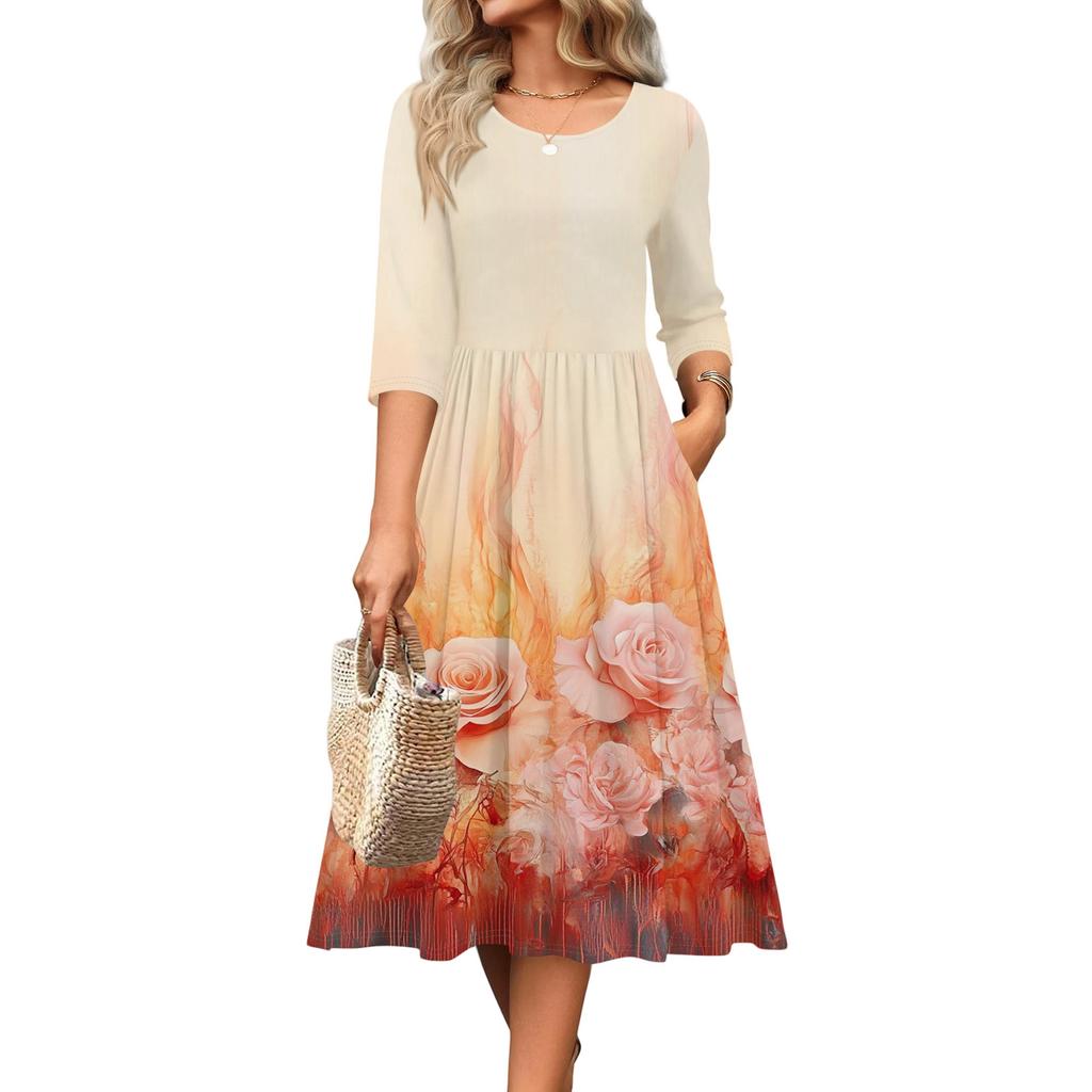 3/4 Sleeve Women's Dress Casual Flowy A-Line Midi Tshirt Dresses With Pockets Crewneck Vocation Boho Beach Sundress